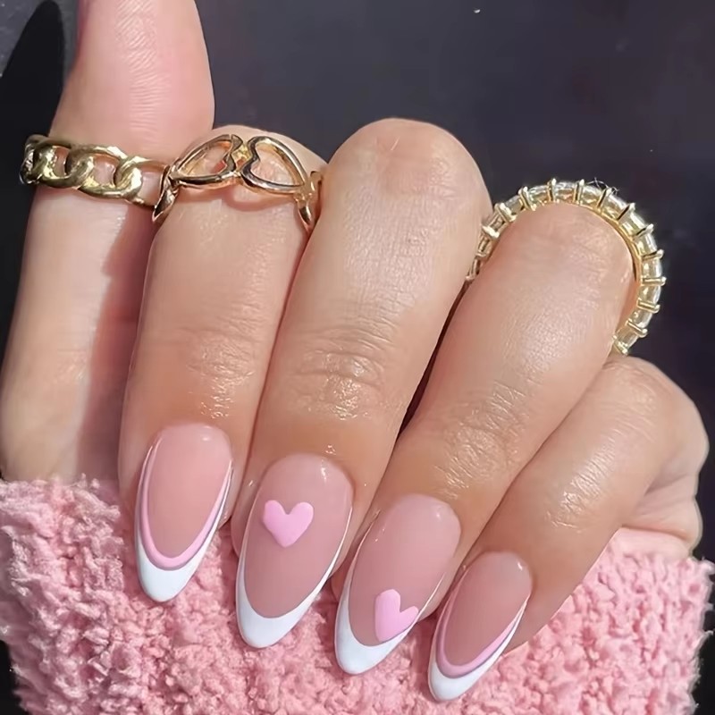 Nail Art France - Pink Heart-Shaped 24-Piece Water Drop Almond